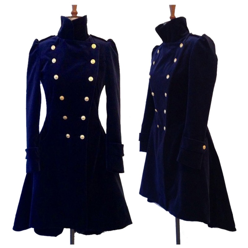 Women Blue Velvet Coat Double Breasted Frock Women Gothic Coat